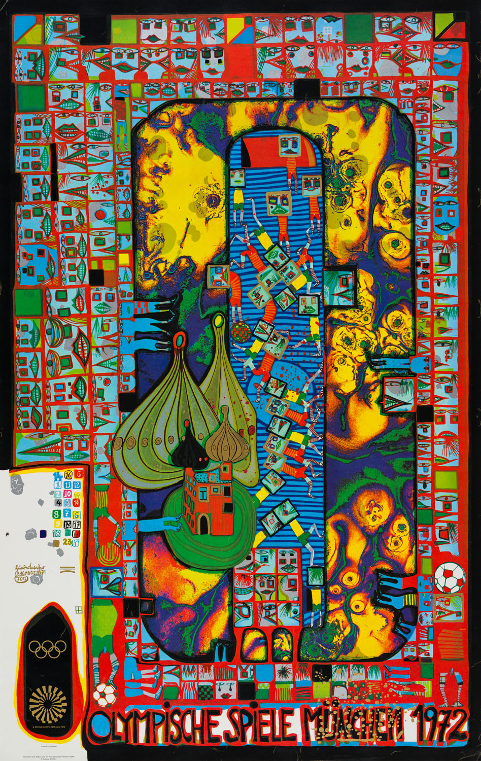 Plakat mit farbenfroher Grafik. Unten steht “OLYMPISCHE SPIELE MÜNCHEN 1972“