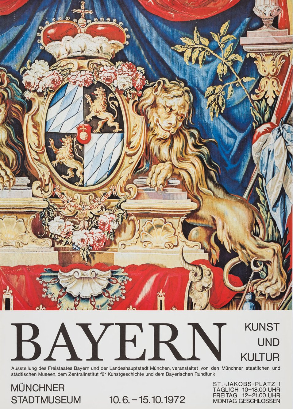 Ein Plakat mit einem Löwen und einem historischen bayerischen Wappen. 