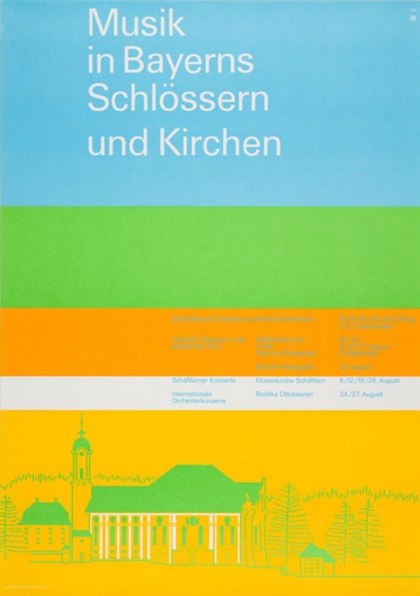 Plakat in blau, grün, gelb und orange mit einem Gebäude