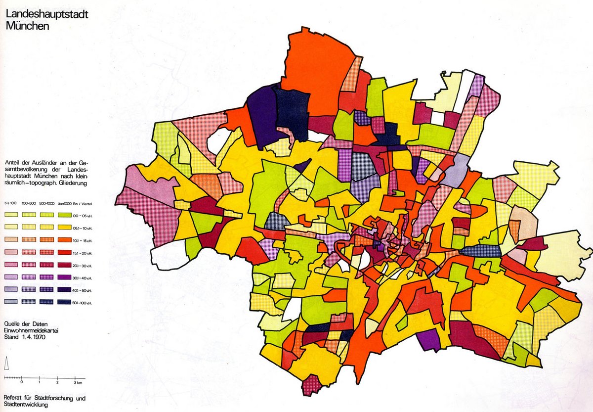 Grafik einer Stadtkarte Münchens, die den Anteil der Ausländer in den einzelnen Stadtteilen durch farbliche Kennzeichnung abbildet.