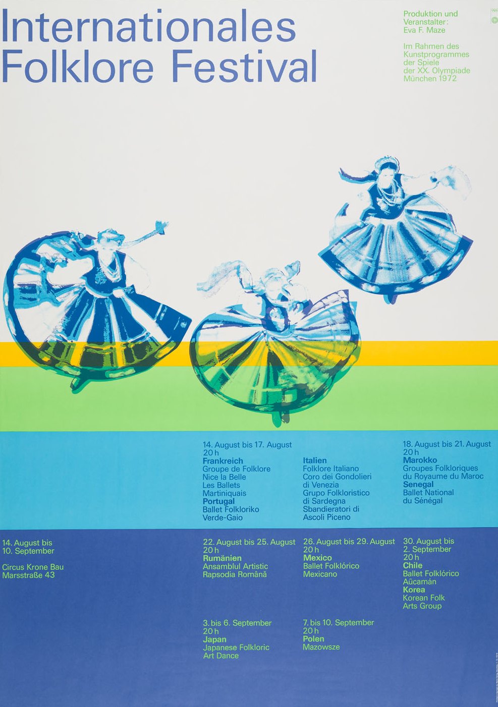 Plakat in weiß, blau, grün und gelb mit drei Tänzerinnen.
