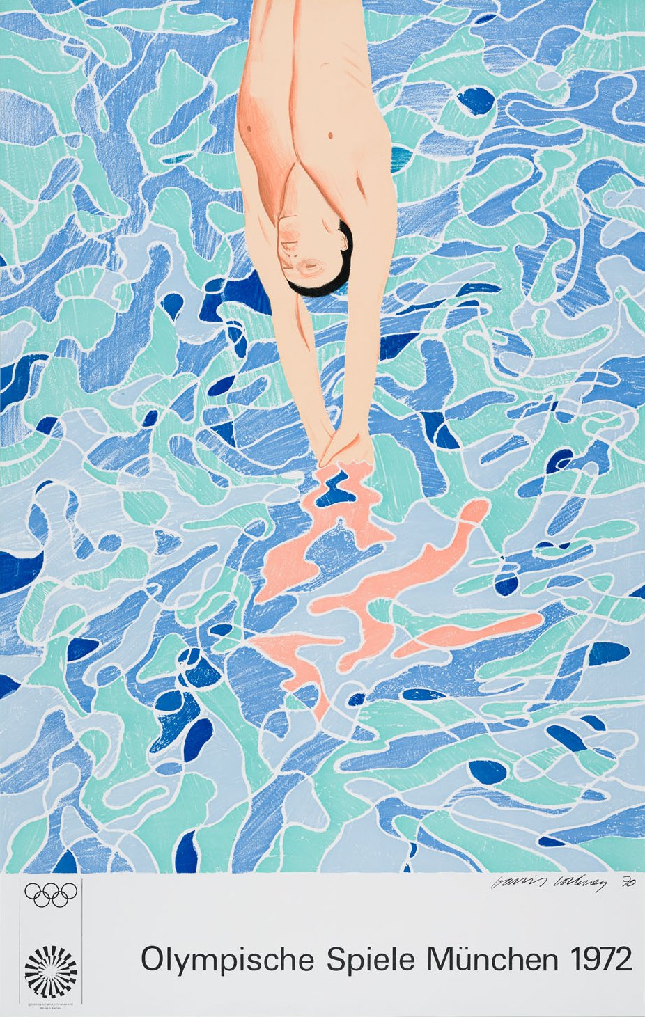Plakat eines gezeichneten Menschen der kopfüber in das blaue Wasser springt.
