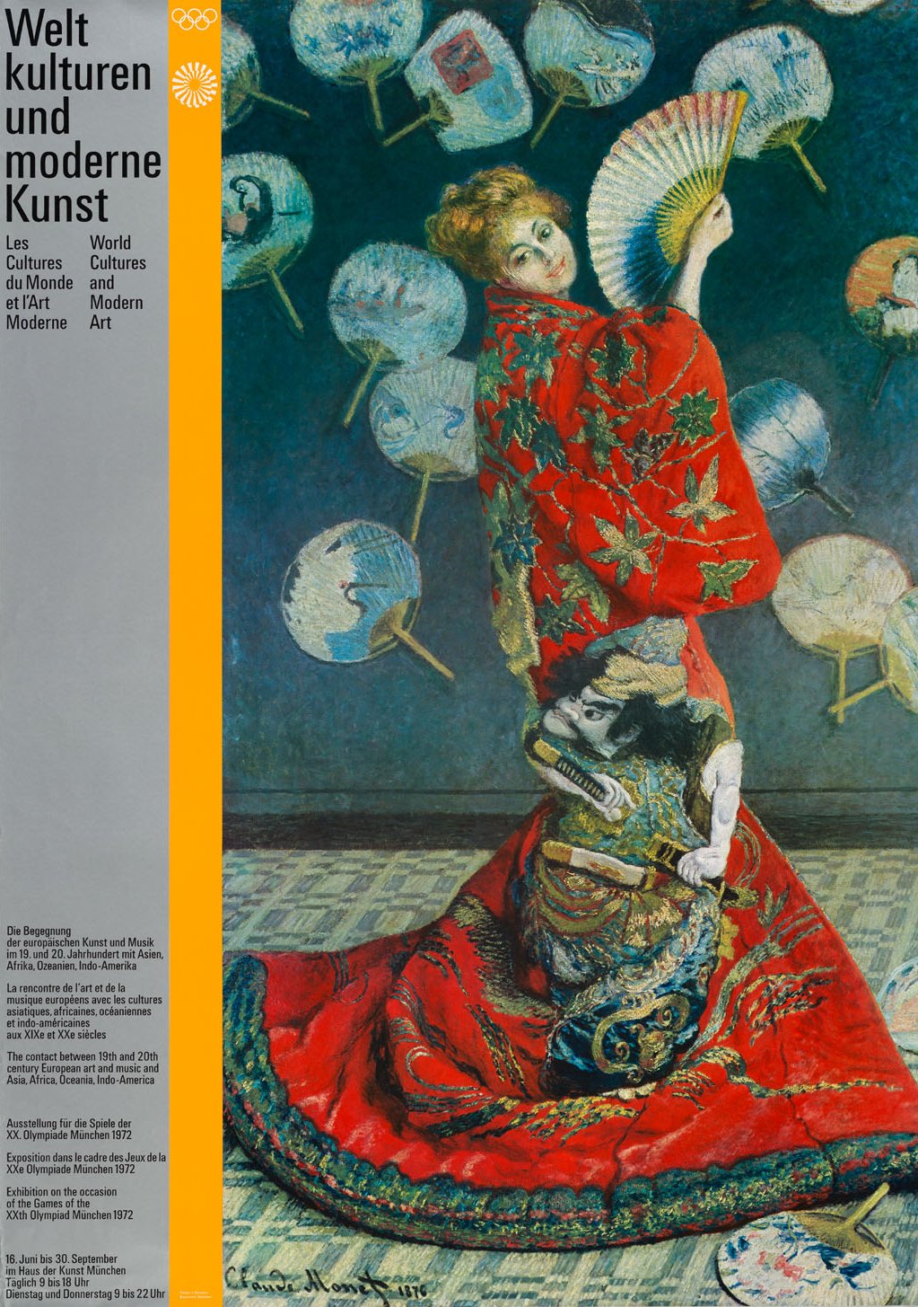 Plakat mit dem Gemälde einer Frau in japanischer Bekleidung, umringt von Fächern.