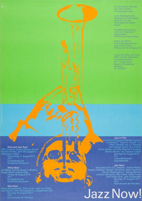 Plakat in Blau- und Grüntönen mit einem Trompetenspieler