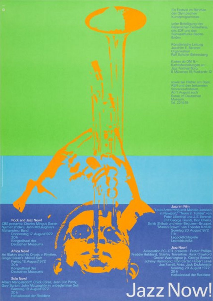 Plakat in Blau- und Grüntönen mit einem Trompetenspieler
