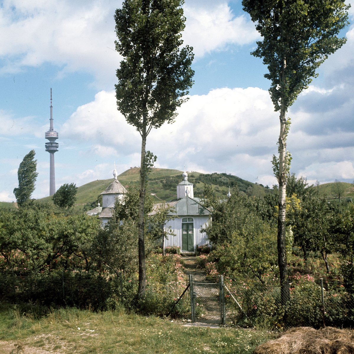 Fotografie einer Kirche in einem Park. Im Hintergrund ein Fernsehturm und ein Hügel. 